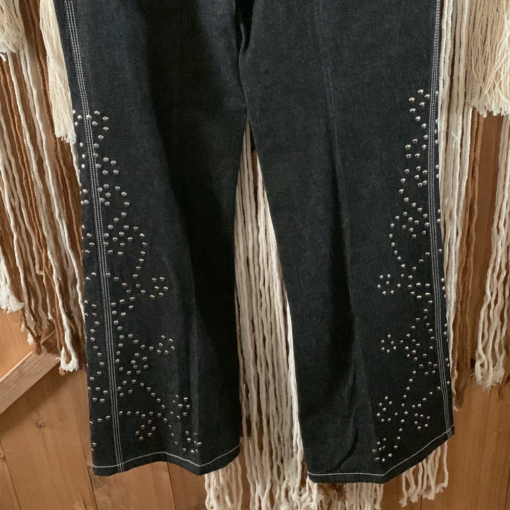 Moda International Dark Wash Denim Silver Studded Flare Jeans Size 10 - Picture 11 of 11